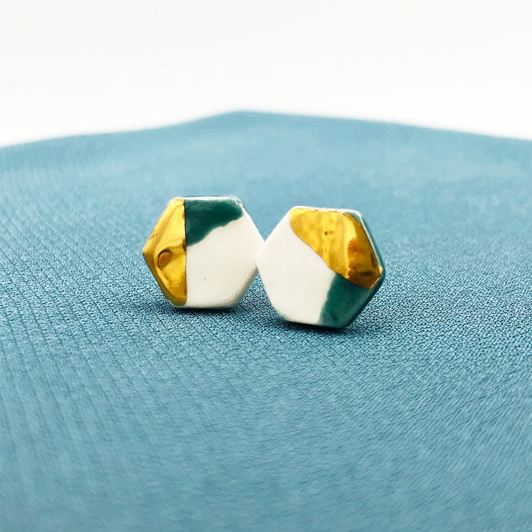 Ceramic earrings - petrol and gold hexagon