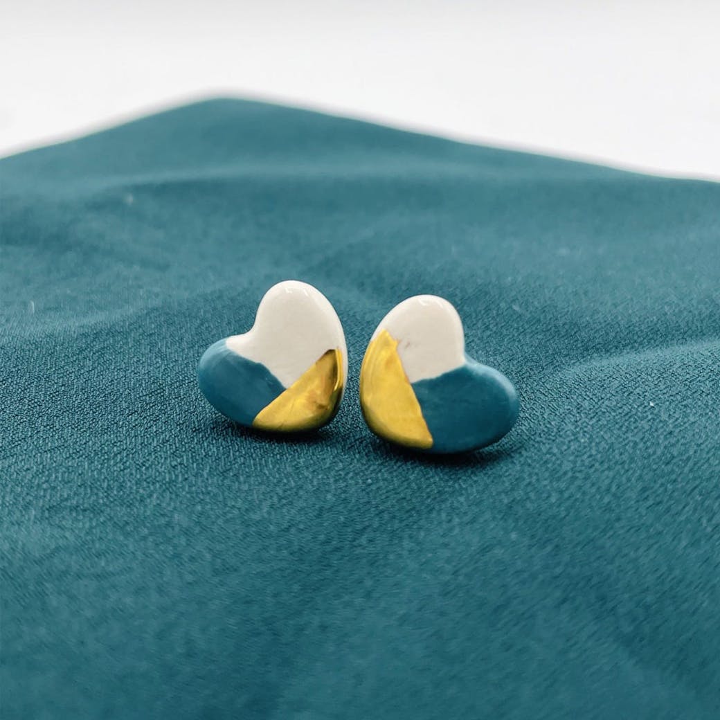 Orecchini in Ceramica - Cuore petrolio e oro