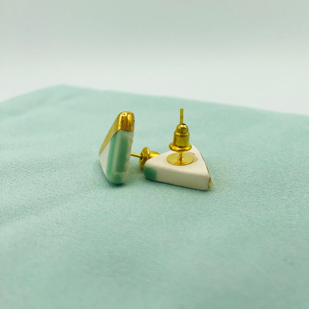 Orecchini in Ceramica - Triangolo verde acqua e oro