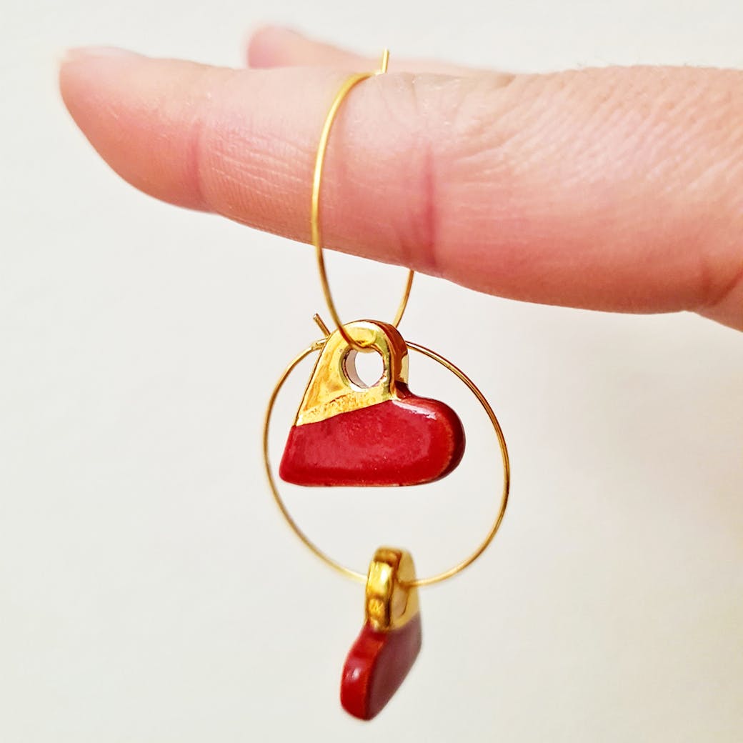 Ceramic ring earrings - Red and gold heart