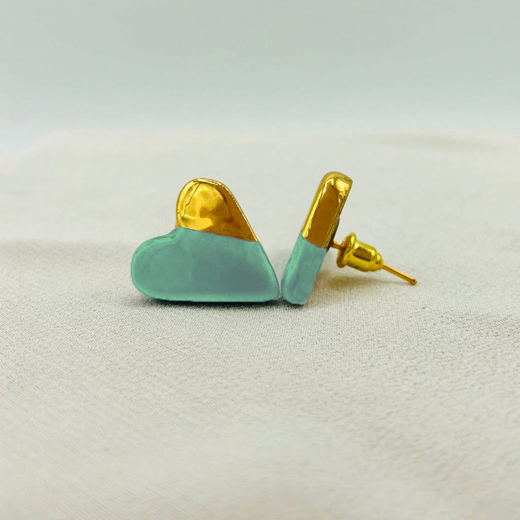 Ceramic earrings - Large aqua green and gold heart