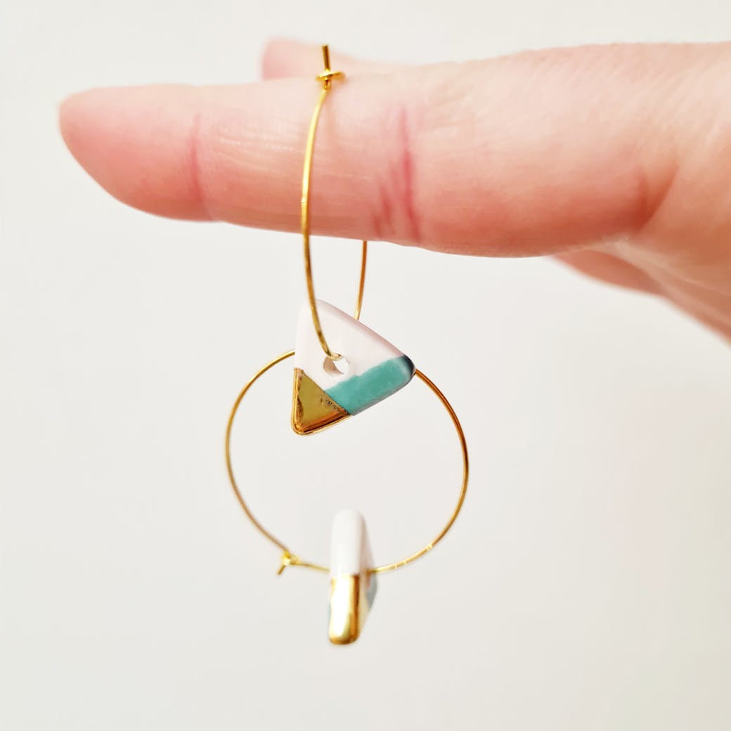 Ceramic ring earrings - Aqua green and gold triangle