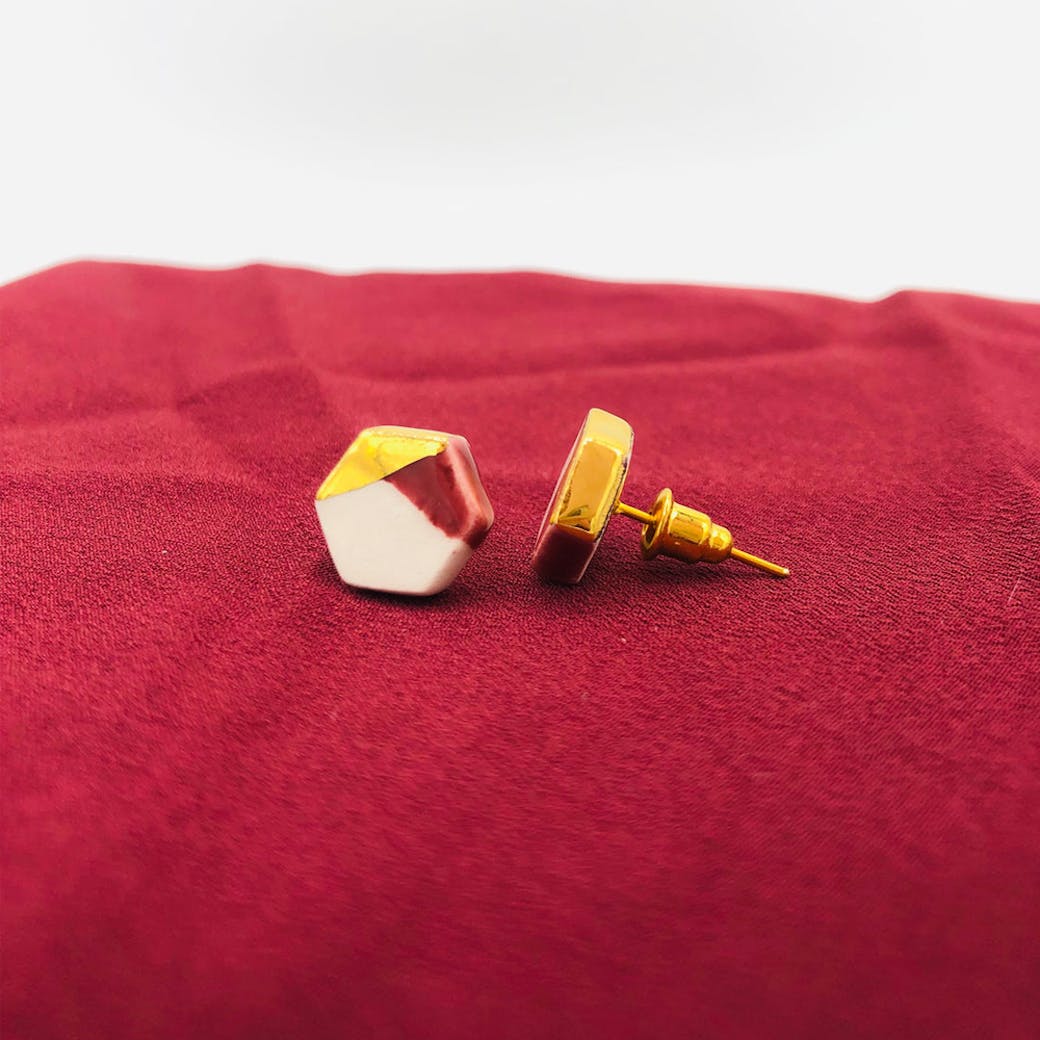Ceramic earrings - Burgundy and gold hexagon