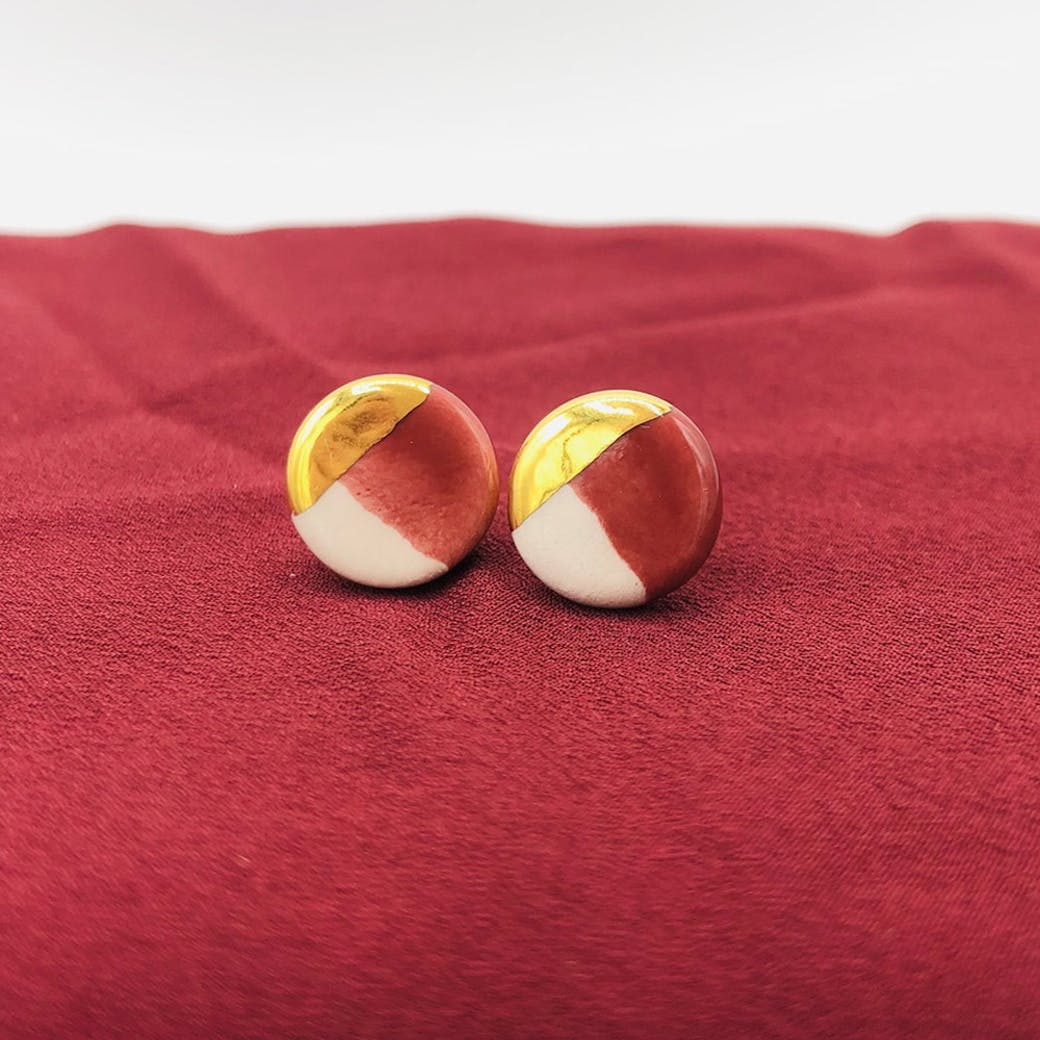 Ceramic earrings - Burgundy and gold circle
