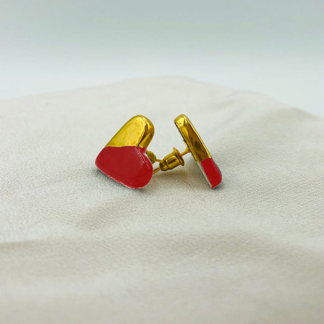 Orecchini in Ceramica - Cuore grande rosso e oro
