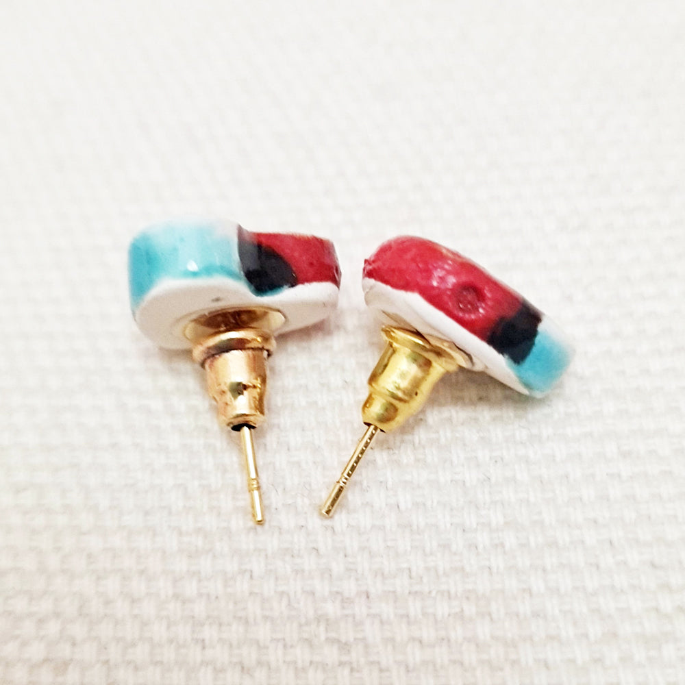 Orecchini in Ceramica - Cuore rosso effetto lava e azzurro ramina - LIMITED EDITION