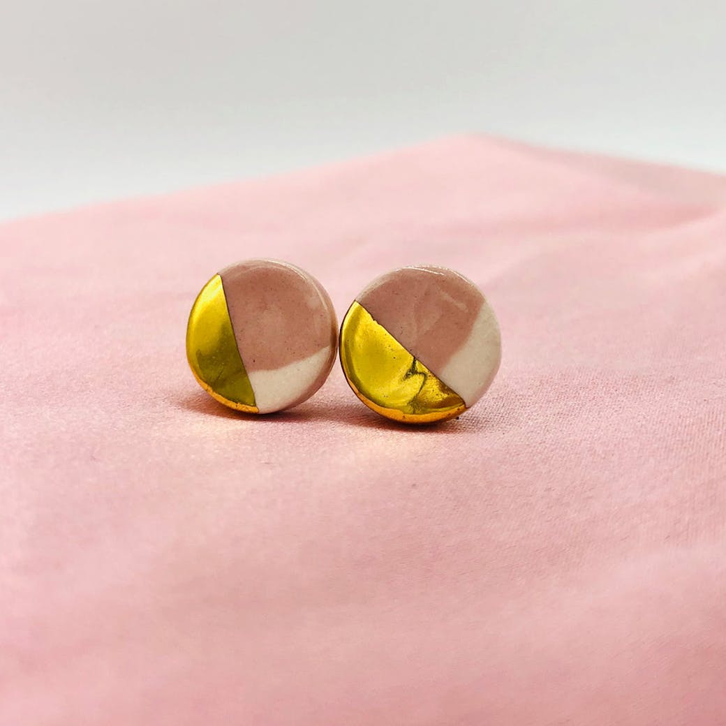 Ceramic earrings - Pink and gold circle