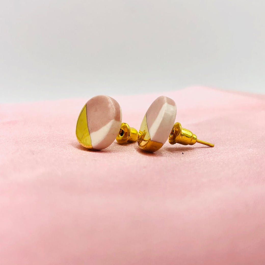 Ceramic earrings - Pink and gold circle