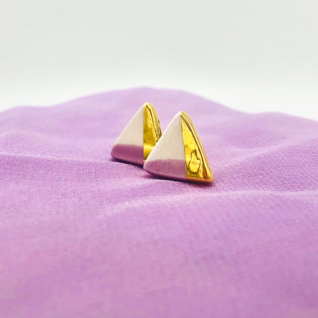 Ceramic earrings - Lilac and gold triangle