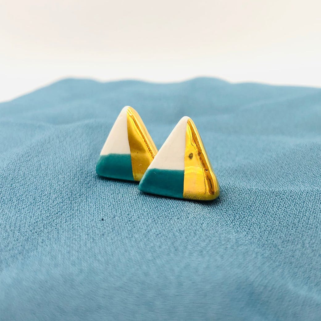 Ceramic earrings - Petrol and gold triangle