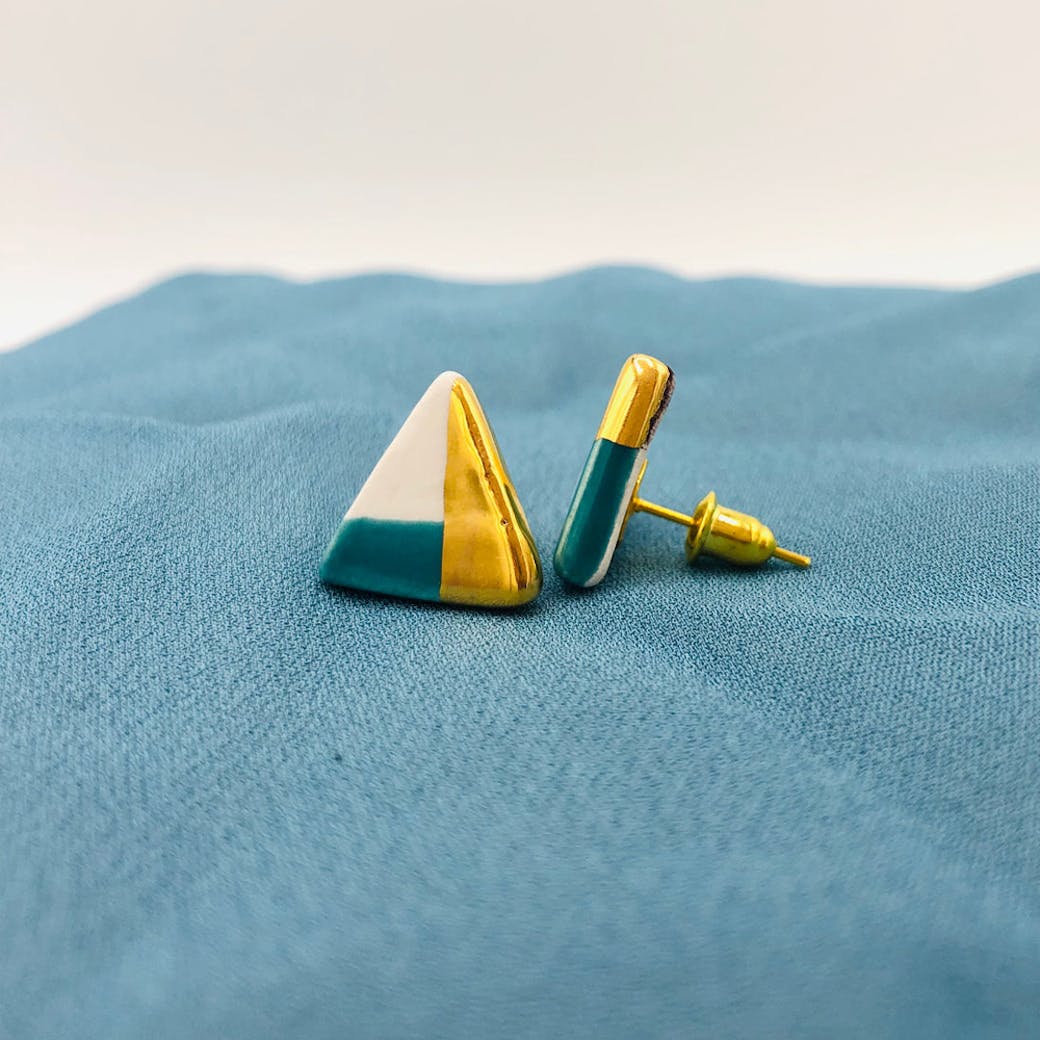 Ceramic earrings - Petrol and gold triangle