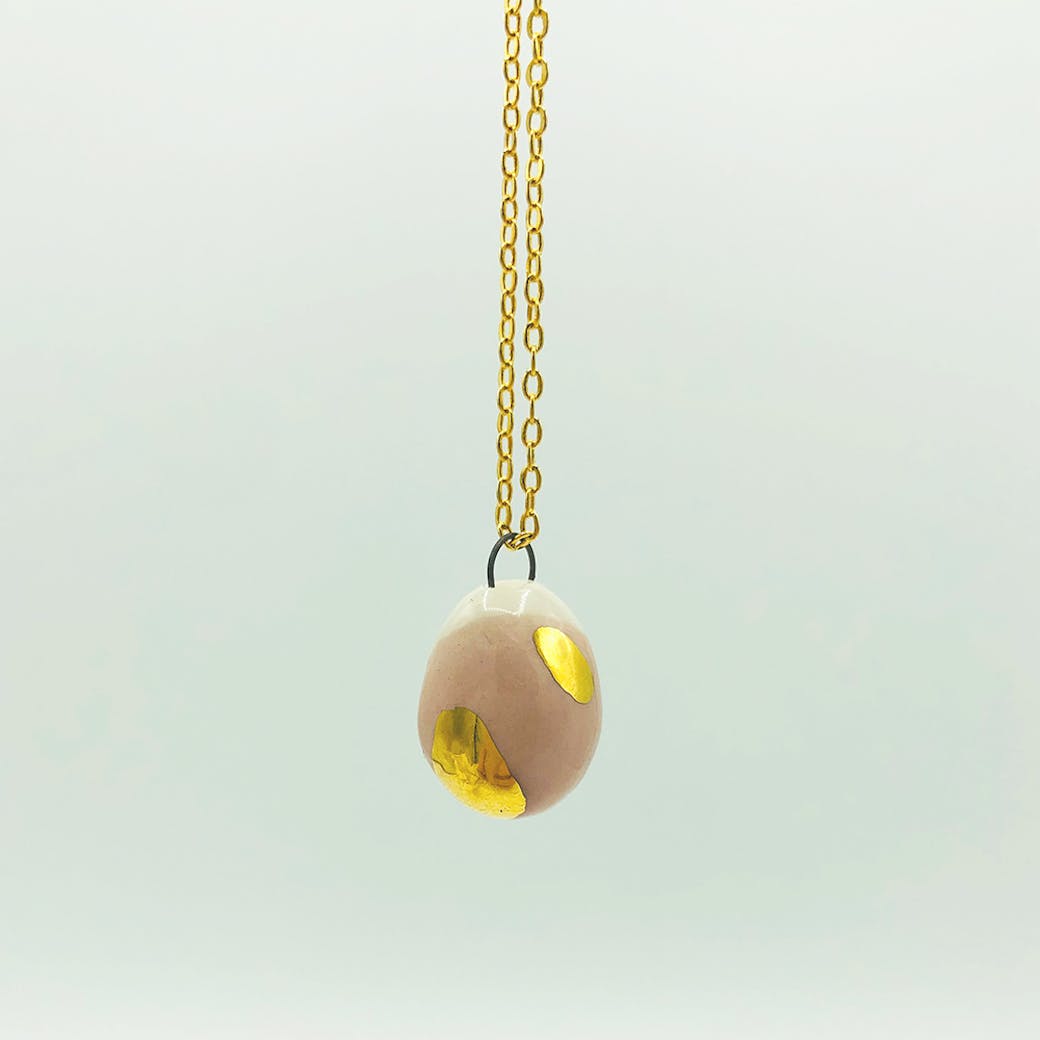 Ceramic pendant - Stone oval pink and pure gold
