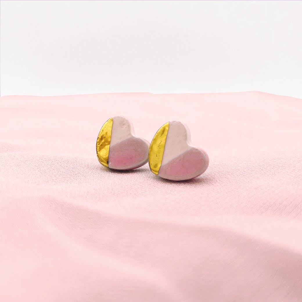 Ceramic earrings - Pink and gold heart
