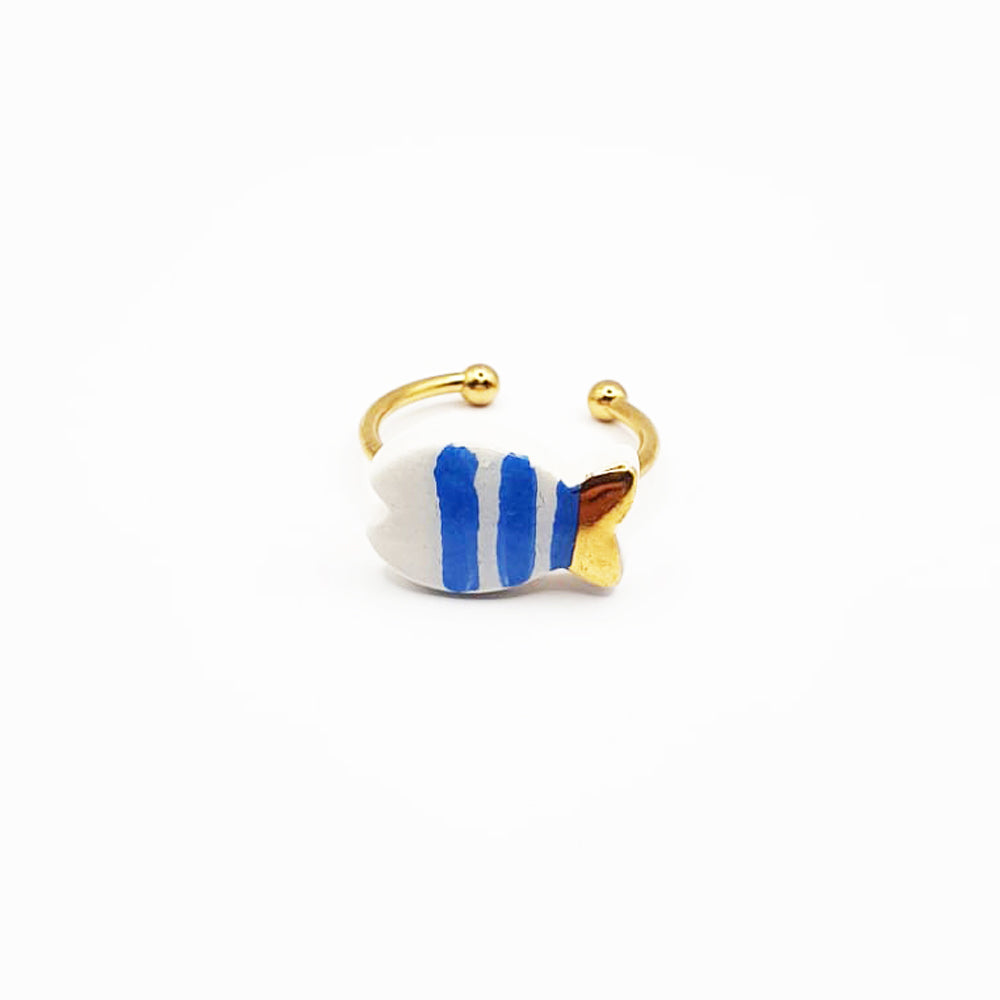 Anello in Ceramica pesce - Splash! righe azzurre, bianche e oro