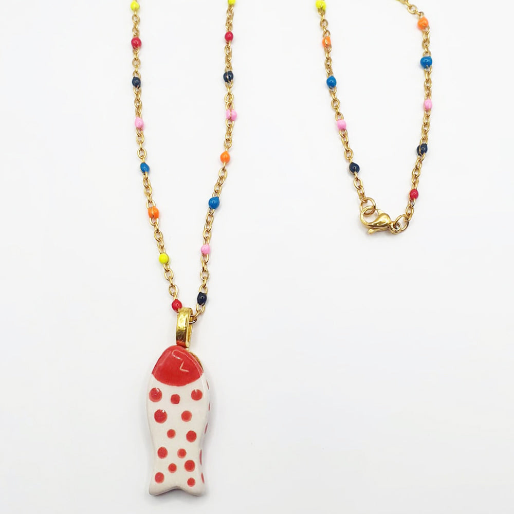 Collana in Ceramica pesce - Splash! pois rossi e bianchi con occhietto