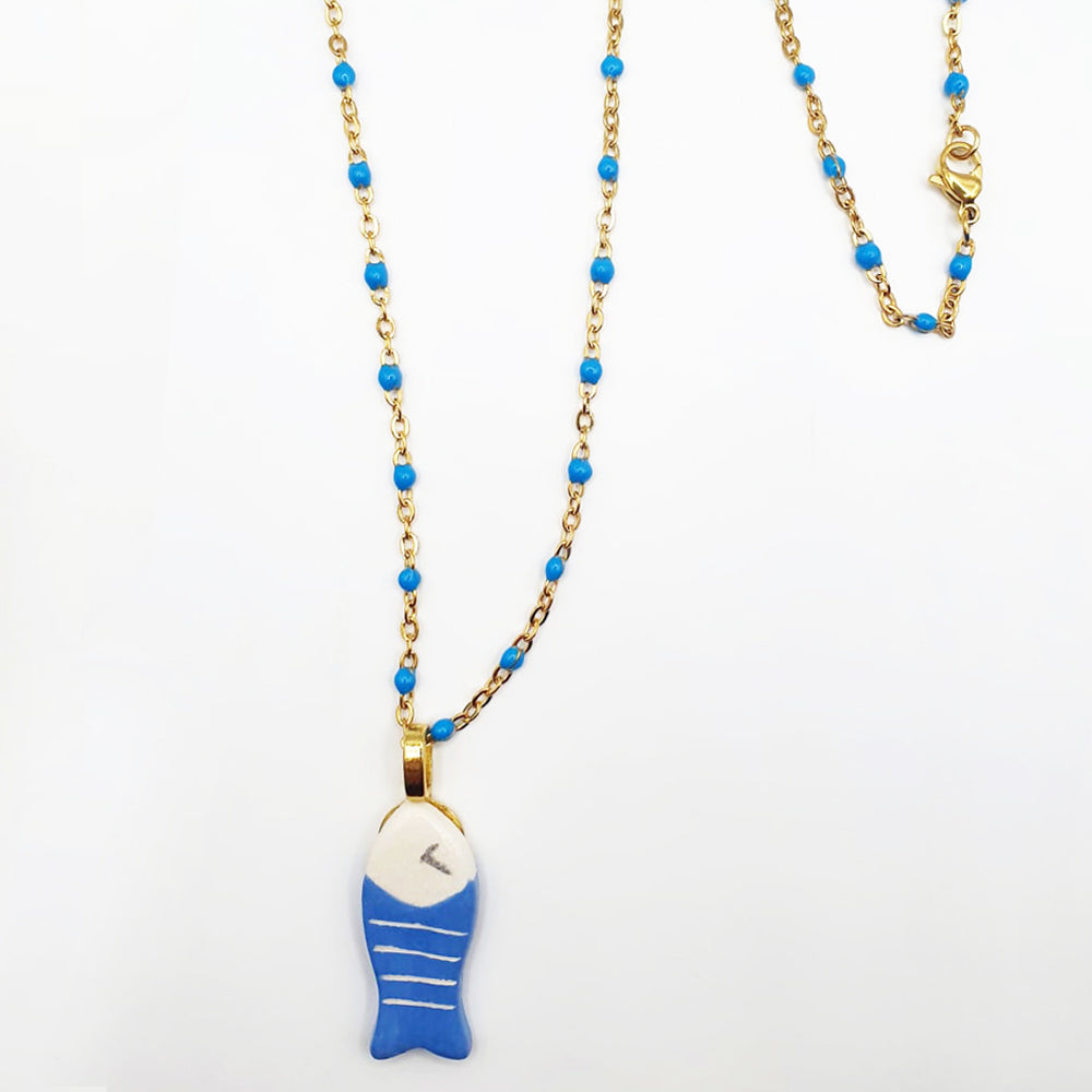 Collana in Ceramica pesce - Splash! righe azzurre e bianche con occhietto