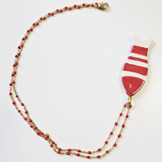 Collana grande in Ceramica pesce - Splash! righe rosse e bianche con occhietto